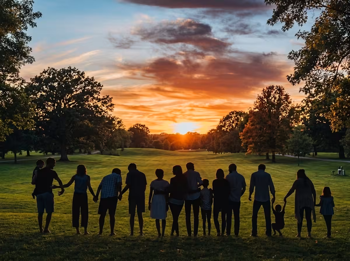 Large extended family holding hands looking at a sunset