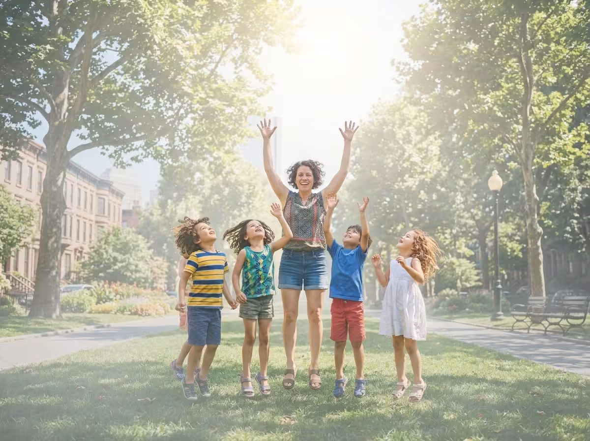 Mother and children playing happily in a park
